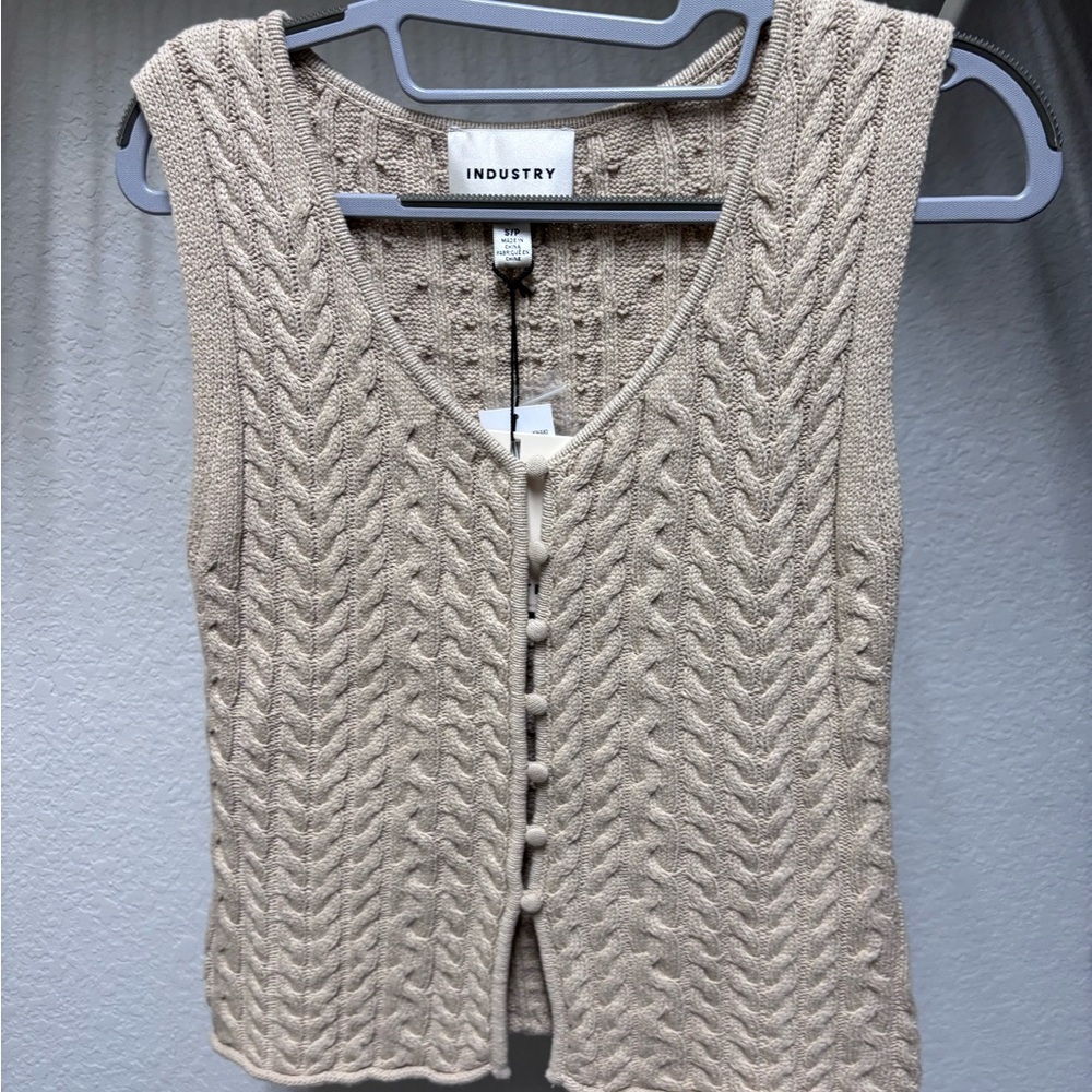 Industry Cable Knit V-Neck Sleeveless Sweater Vest in Beige